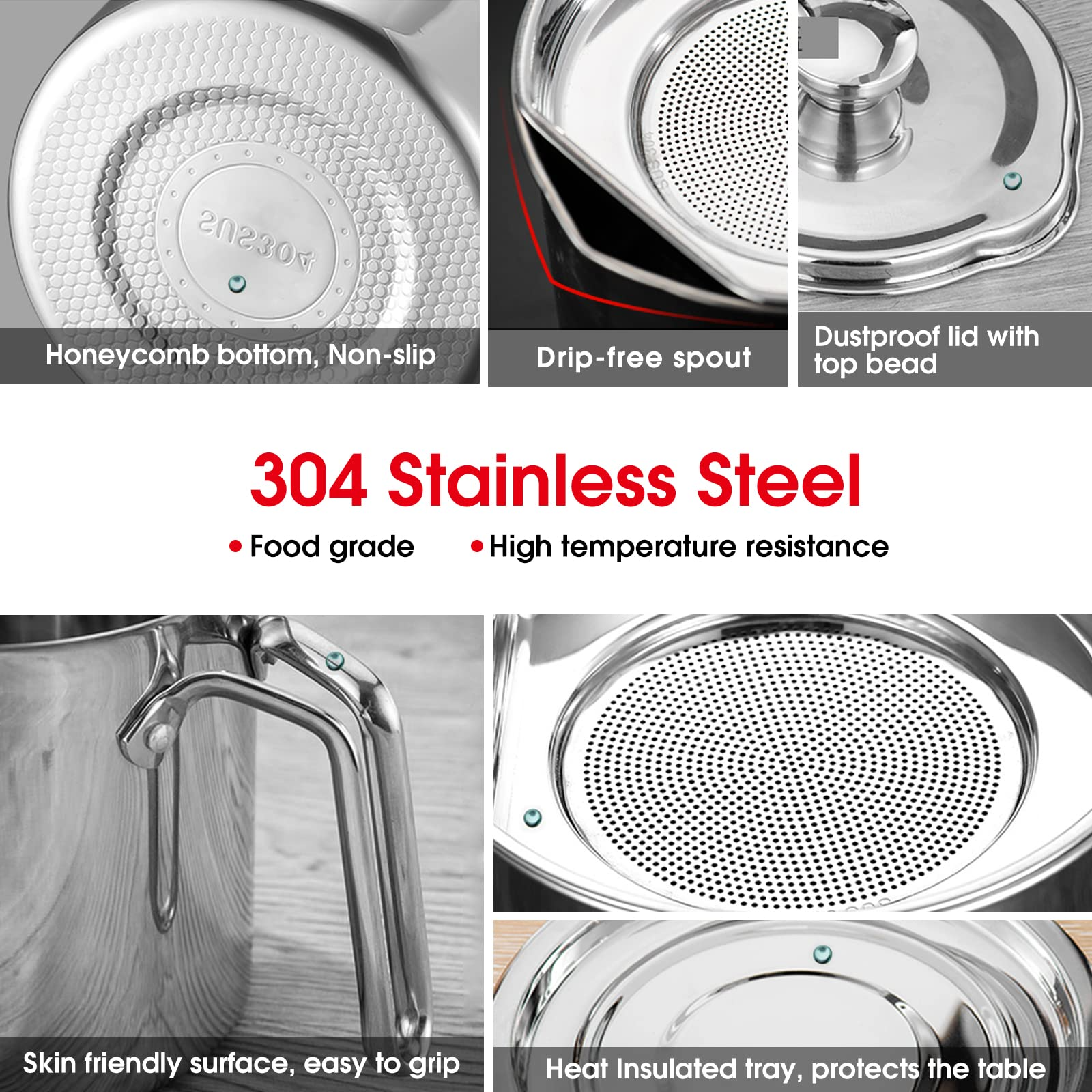 Oil Strainer Pot Grease Can with Dust-Proof Lid & Ergonomic Handle & Non Slip Base for Kitchen Cooking Frying Oil