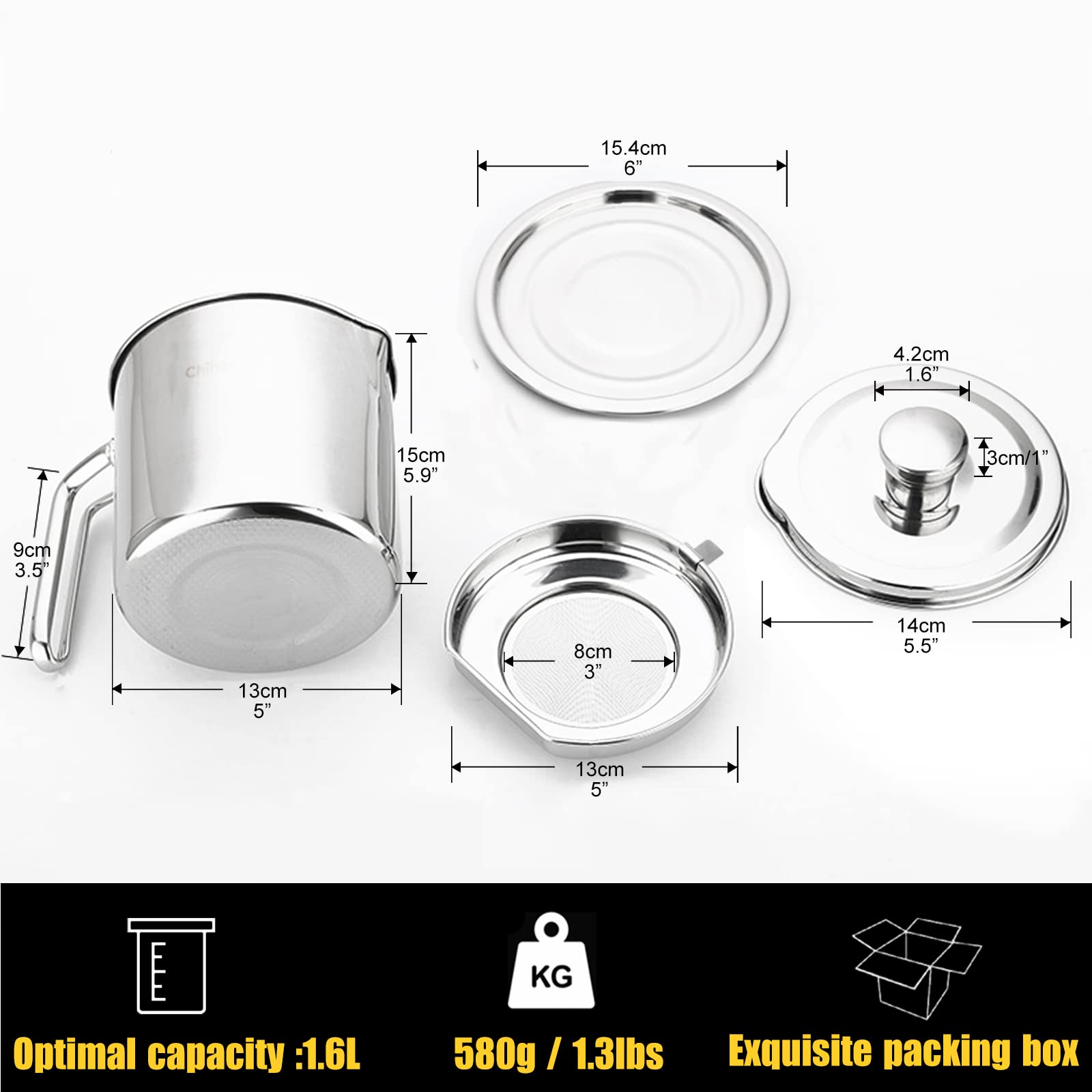 Oil Strainer Pot Grease Can with Dust-Proof Lid & Ergonomic Handle & Non Slip Base for Kitchen Cooking Frying Oil