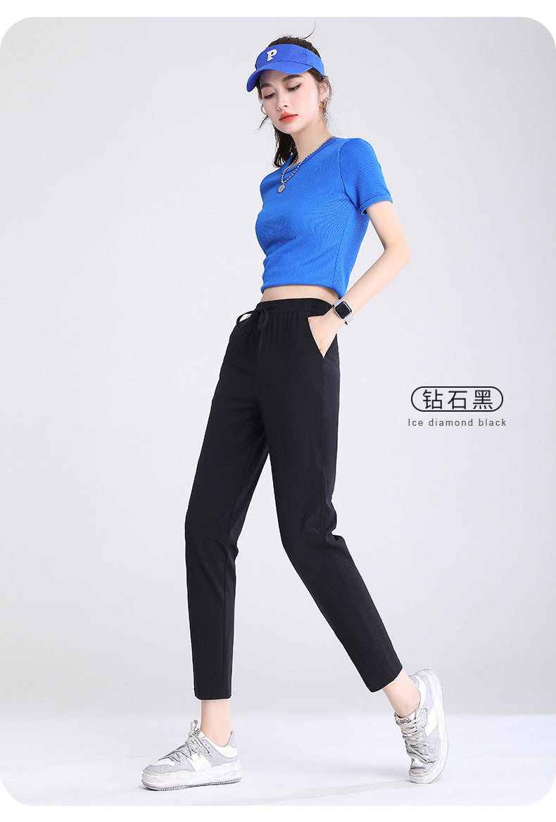 2023 New Women Ice Silk Trousers Solid Color  Loose Breathable Straight-Leg Casual Pants Thin Quick-Drying Sports Pants