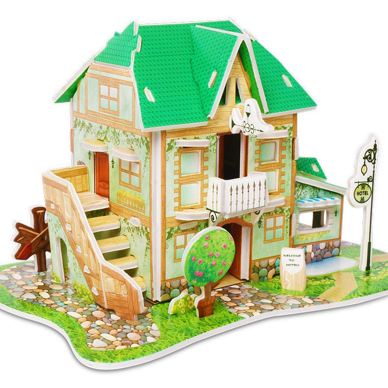 2 PCS Kids 3D Stereo Puzzle Cartoon House Castle Building Model DIY Handmade Early Learning Educational Toys Gift for Children