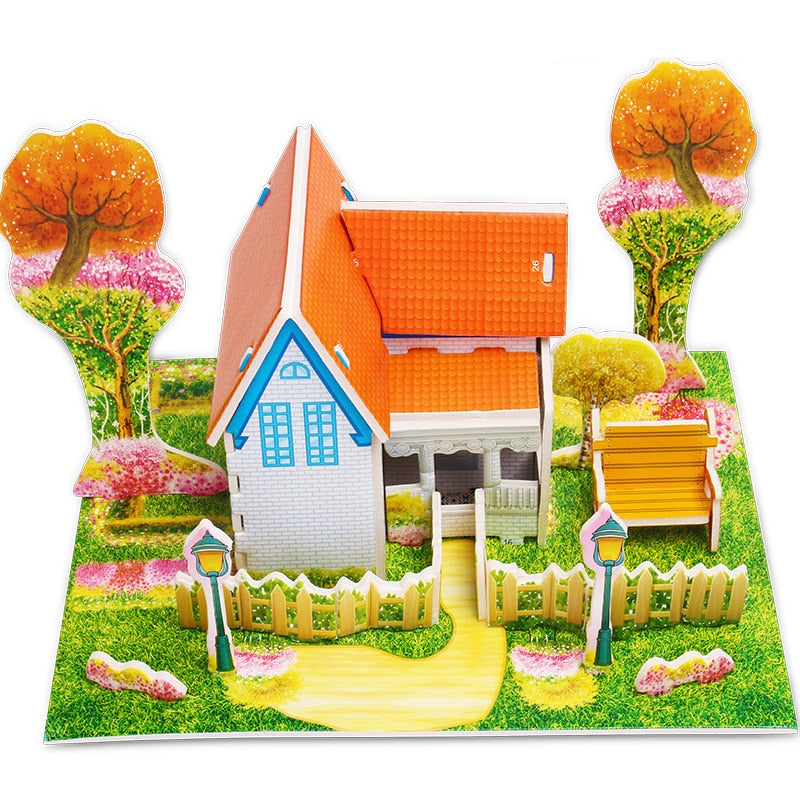 2 PCS Kids 3D Stereo Puzzle Cartoon House Castle Building Model DIY Handmade Early Learning Educational Toys Gift for Children