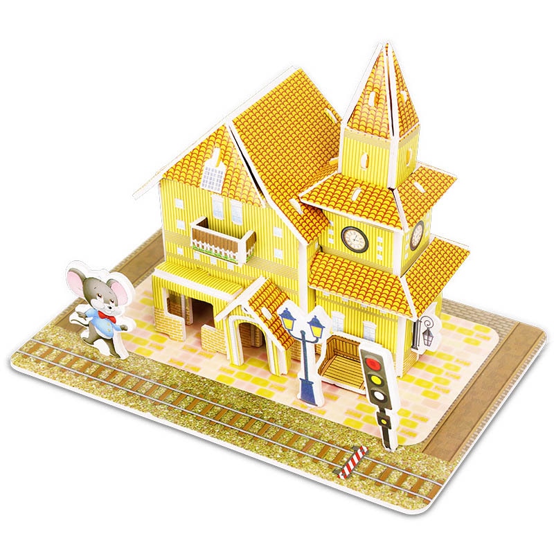 2 PCS Kids 3D Stereo Puzzle Cartoon House Castle Building Model DIY Handmade Early Learning Educational Toys Gift for Children