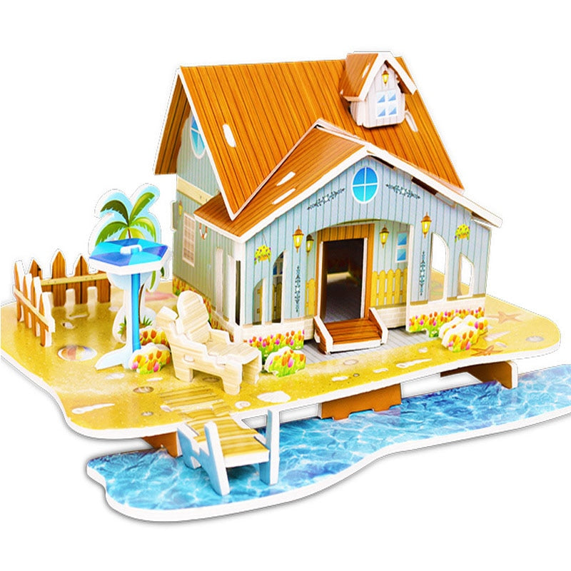 2 PCS Kids 3D Stereo Puzzle Cartoon House Castle Building Model DIY Handmade Early Learning Educational Toys Gift for Children