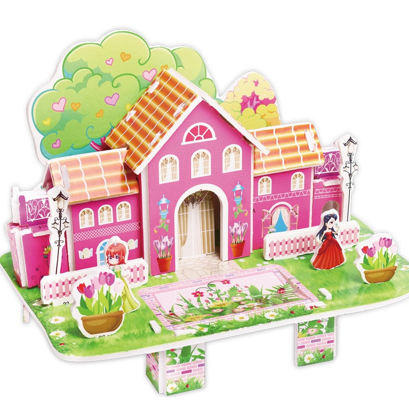 2 PCS Kids 3D Stereo Puzzle Cartoon House Castle Building Model DIY Handmade Early Learning Educational Toys Gift for Children