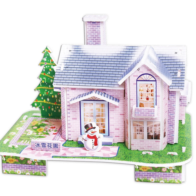 2 PCS Kids 3D Stereo Puzzle Cartoon House Castle Building Model DIY Handmade Early Learning Educational Toys Gift for Children