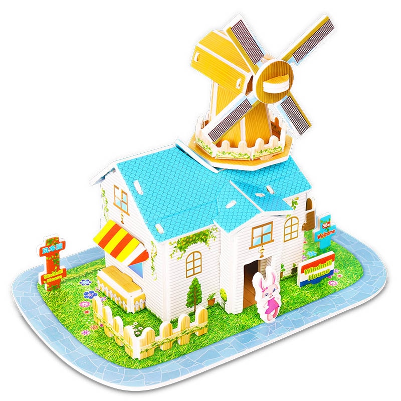 2 PCS Kids 3D Stereo Puzzle Cartoon House Castle Building Model DIY Handmade Early Learning Educational Toys Gift for Children