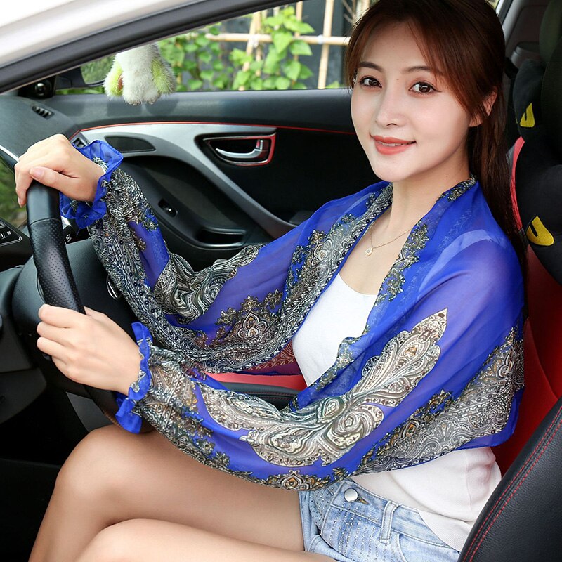 2 PCS Women Summer Sun Protection Arm Cover Chiffon Shawl Protective Wrap Scarf Beach Cuff Shoulder Driving Paisley Print Shade Shawl