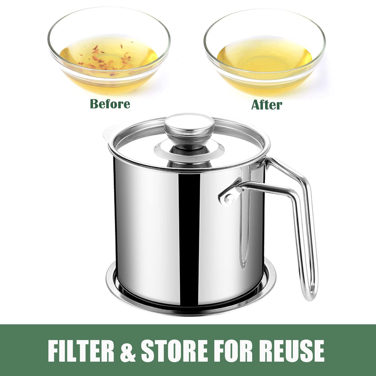 Oil Strainer Pot Grease Can with Dust-Proof Lid & Ergonomic Handle & Non Slip Base for Kitchen Cooking Frying Oil