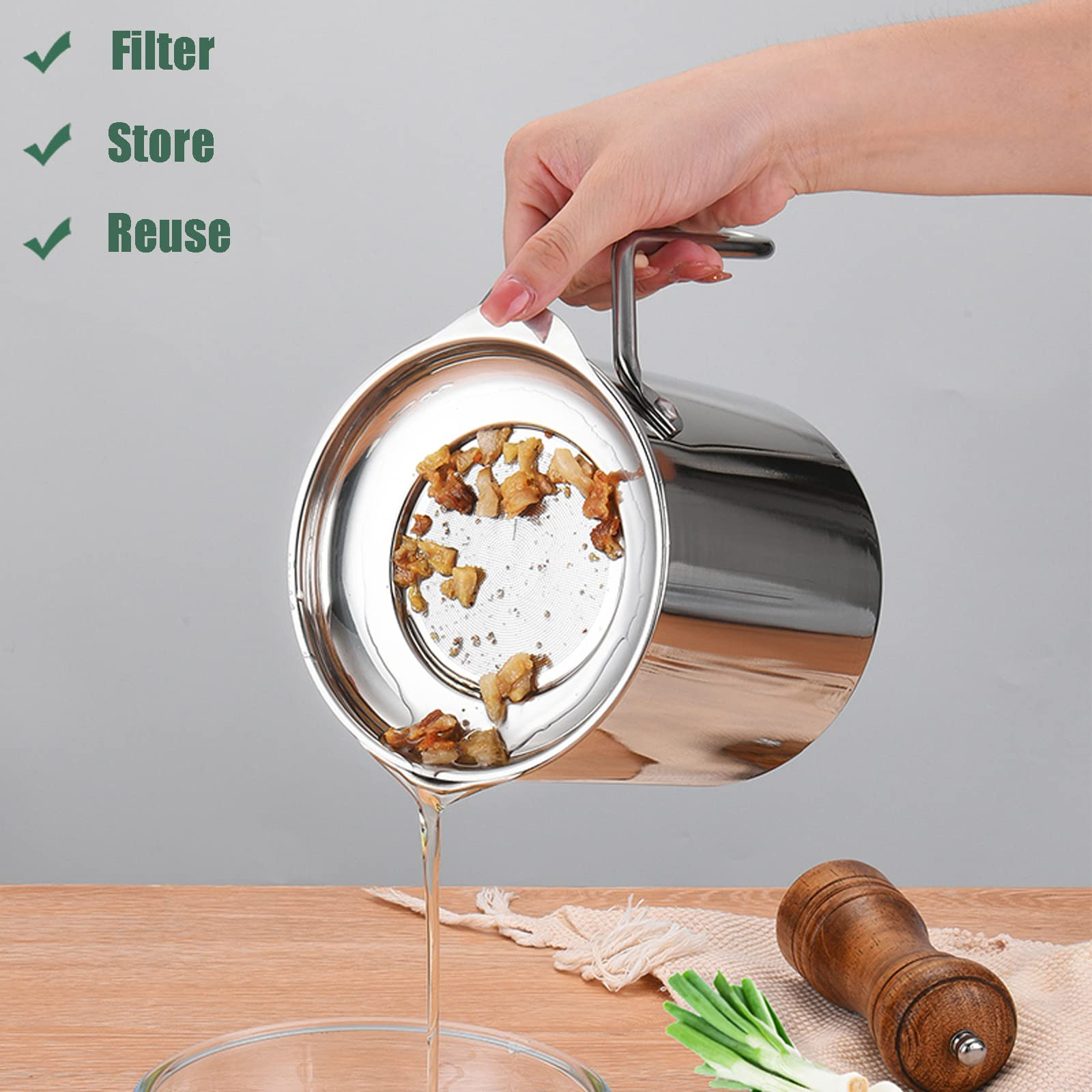 Oil Strainer Pot Grease Can with Dust-Proof Lid & Ergonomic Handle & Non Slip Base for Kitchen Cooking Frying Oil