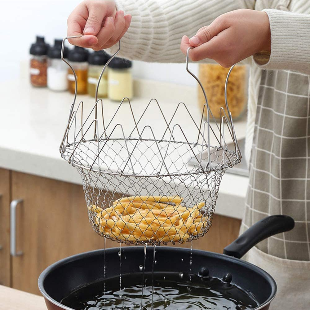 Stainless Steel Net Fry Foldable Cooking Fryer Basket for Fries, Vegetables, Salads